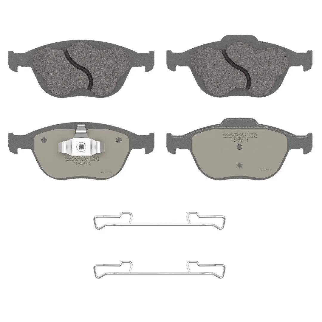 OEX970 – WAGNER BRAKE Brake Pad, FMSI Number D970-7871 Ceramic Set Of 4 With Pad Shims/ Abutment Clips/ Mounting Hard...